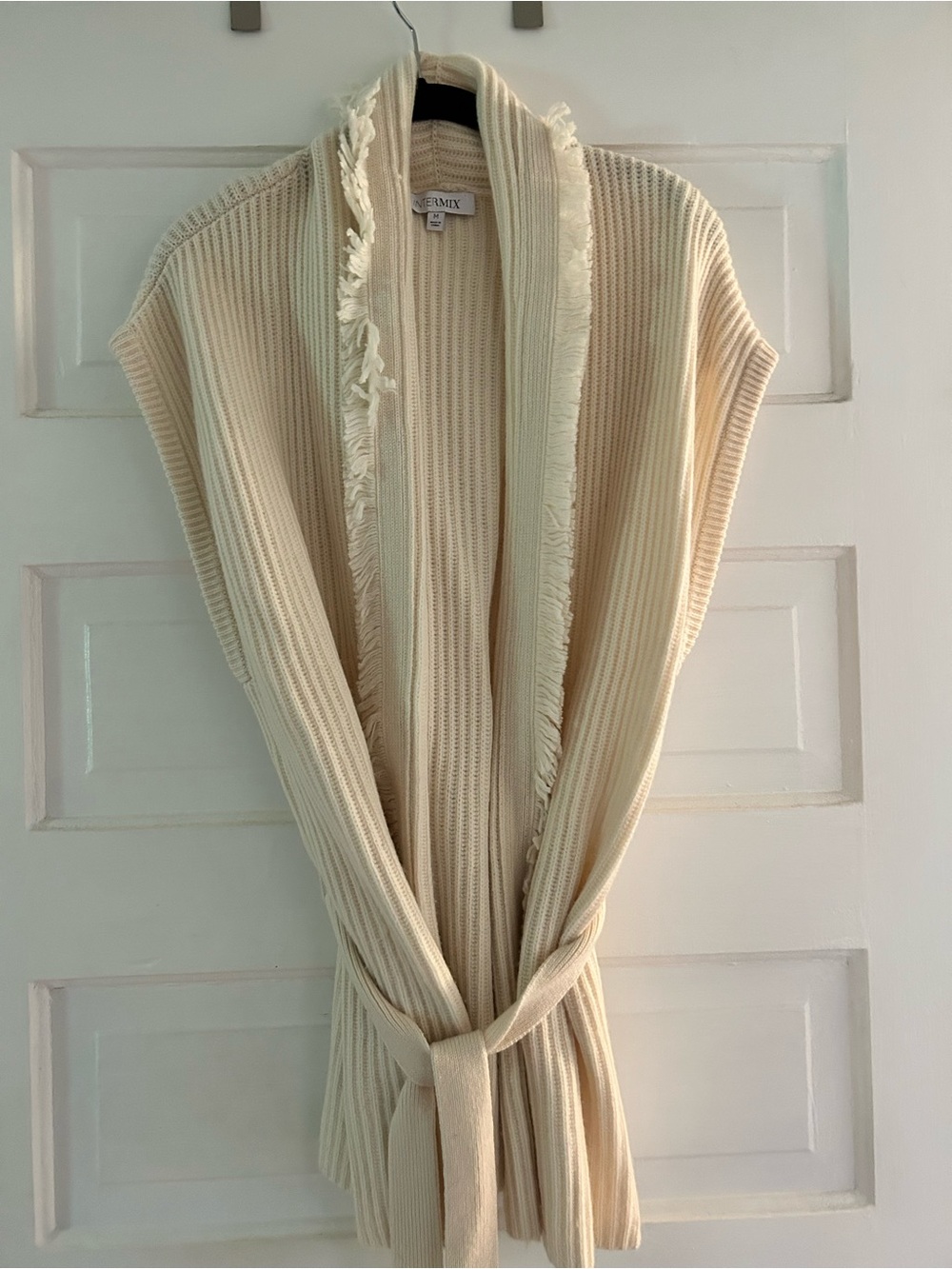 INTERMIX Cream Ribbed Fringe-Trim Open Knit Cardigan